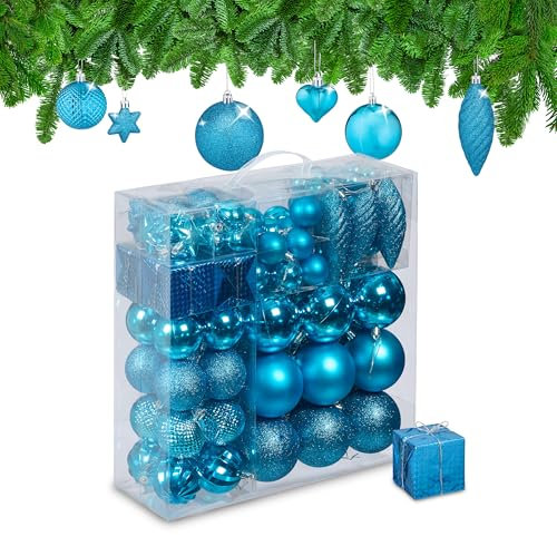 Relaxdays Weihnachtskugeln 110er Set, Kunststoff, Weihnachtsbaumdeko mit Kugeln & Lametta, Christbaumschmuck, Petrol