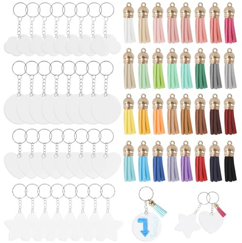Annyswit 96 Stück Acryl Schlüsselanhänger Rohlinge Set, 4 Formen schlüsselanhänger selber machen, mit 32 bunten Quasten & Schlüsselringe schlüsselanhänger basteln für Plotten, Aufkleber(32 Sets)