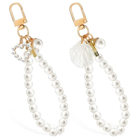 Lusofie 2 Stück Perlen Taschenanhänger Damen Auto Schlüsselanhänger Gold Mit Herz-Anhänger Muschel-Anhänger Kurze Handykette Phone Charms Süße Schlüsselband Pearl Keychain Handy Anhängers