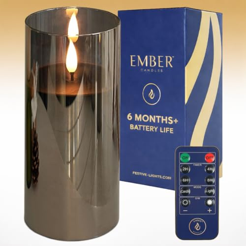 Ember Candles™ 17.5cm Hurricane Smoked Glass Black LED Flickering Battery Candle – 100% Real Wax, Ultra-Realistic, Flameless, Hand-Poured Design, 6-Hour Timer for Indoor Use (with Remote Control)