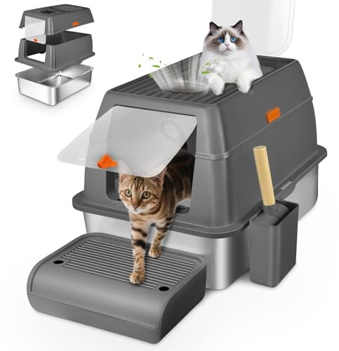 Lohofrnny Katzenklo Edelstahl mit Deckel, Abnehmbare Dreischichtige Geschlossene Geruchsdichte Katzentoilette Edelstahl, katzenklo Metall mit Pedals und Schaufel 60x40x41cm (Dunkelgrau)