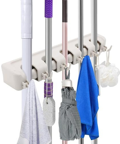 Broom Holder Wall Mounted with 5 Slots and 6 Hooks – Heavy Duty Brush Holder for Utility Room, Kitchen, Garage, Garden, Shower Storage & More