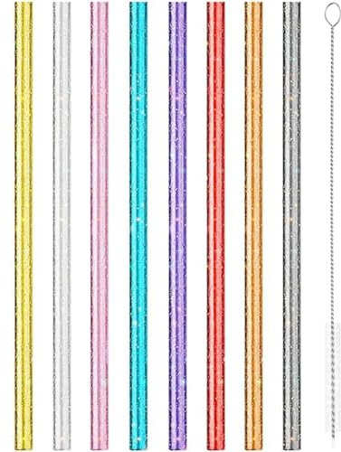 HoAhaMay 8 Pièces Pailles Réutilisables, Longues Pailles Scintillantes 30 cm Pailles en Plastique Épaisses Réutilisables Pailles Transparentes Colorées avec Brosse de Nettoyage (Multicolore)