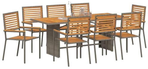 vidaXL Garten Essgruppe 9 pcs Grau und Braun Poly-Rattan, Garten- und Terrassenset, rechteckig, modernes Esszimmer, Möbel für draußen, Al Fresco Tisch