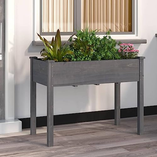 Iiaky 364235 Planter with Liner Grey 118x59x76 cm Solid Wood Fir Wooden Garden Planter Plant Pot Box Flower Herb Veg Wood Trough Outdoor