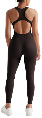 RXRXCOCO Gerippte Ärmellos Jumpsuits Damen Lang Eng Tank Rückenfreie Padded Einteiler Bauchweg Sport Yoga Overall Romper