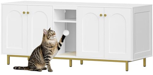 Hzuaneri Meuble Litiere pour 2 Chats, Maison de Toilette Chat, Maison Cachée pour Chat avec Chambres Doubles, avec Espace de Rangement, Balle en Peluche, 140 x 48 x 62 CM, Blanc et Or CB86513A