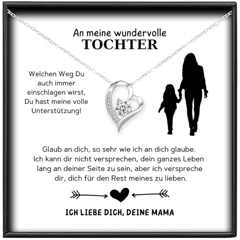 BYLITZ An meine Tochter Herz Kette von Mama oder Papa Doppelherz Halskette mit Zirkonia und persönlicher Karte mit Geschenk-Box zum Geburtstag Weihnachten
