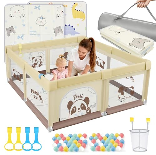 SOFTHOM Laufstall Baby 120x120 mit Matratze, Laufgitter Baby inkl 50 Bälle | Baby Laufstall mit Atmungsaktivem Netz&Rutschfester Basis, Langlebig Oxford-Stoff, Indoor Spielplatz mit Ballkorb&4 Zugring