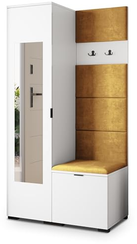Masseno Flugarderoben Set VIRA, Kleiderschrank-Set mit Spiegel und Sitzbank, Garderobenschrank Flur mit 3 Regalböden, Weiß