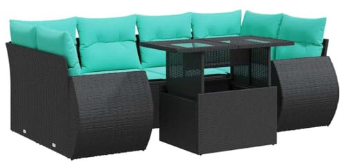 Foknhdi 7-TLG. Gartenmöbel-Set Poly-Rattan Schwarz, Ecksofa Mittelsofa Glastisch Blaue Kissen 100x55 cm, modular für Balkon Terrasse