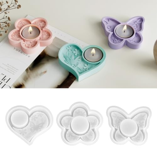 3 Pezzi Stampo Silicone Portacandele, Stampi Candele Fai da Te | Stampo Silicone Flessibile, Creazioni Candele Fai da Te, Design Cuore Fiore Farfalla, Riutilizzabile, per Cera Resina E Gesso