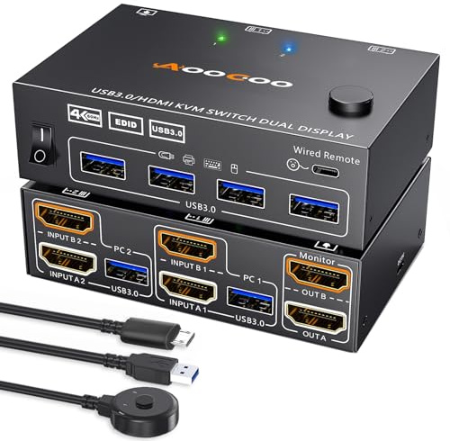 KVM Switch 2 Monitors 2 PC 4K @ 60Hz 2K @ 120Hz, Dual Monitors HDMI KVM Switches with EDID Function Wired Remote Control, Power Supply and USB 3.0 Cable Included
