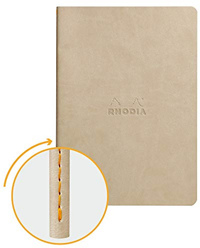 RHODIA 116455C - Soft Beige Textile Stitch Notebook - A5 - Dot Dot - 64 pages - Ivory Clairefontaine Paper 90 g/m - Faux Leather Cover - Rhodiarama Collection
