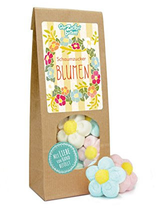 Schaumzucker Blumen, süße Wundertüte mit schaumig weichen Marshmallow-Blumen, Frühlingsgefühle in einer Tüte