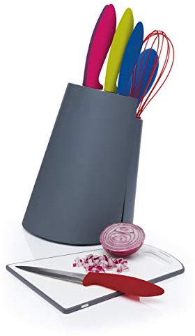 Colourworks 3-in-1 Wooden Knife Block / Plastic Chopping Board / Utensil Holder Set - 'Brights' Colours