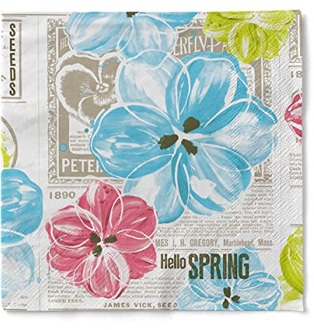 Sovie Home Tissue Serviette Hello Spring | Ideal für Ihr Frühlings Frühstück | 33x33cm | Pink-Türkis | 20 Stück