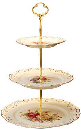 YOLIFE Cupcake-Ständer mit Blumensträuchern, 3-stöckig, geprägt, goldene Blätter, Rand, Gebäckturm, 15,2 - 20,3 - 25,4 cm