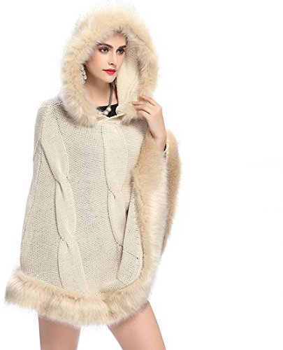 FULUOYIN Pelerine Damen Poncho Cape Stolen Kunstpelz Gestrickte Stola Kunst Pelzkragen Stolen mit Kapuze