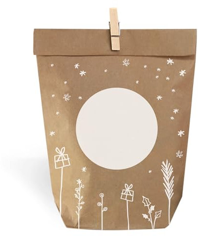 Eine der Guten Adventskalender Geschenktüten Set zum Befüllen, mit 24 Weihnachtsdeko Kraftpapiertüten & Mini-Klammern, Adventstüten zum basteln für Kinder & Erwachsene, 14 x 22 cm