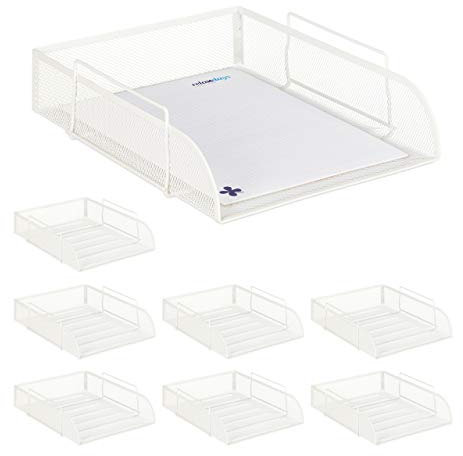 8 x stapelbare Dokumentenablage, für DIN A4, Gitter Design, Briefablage fürs Büro, Metall, B x T: 25 x 34 cm, weiß