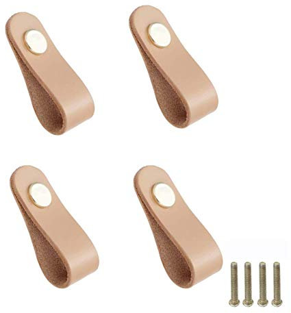 4 Pieces Leather Handles, Wardrobe Cabinet Door Handle Soft PU Leather Door Handles, Drawer Pulls Kitchen Pulls Knobs with 22mm Screws, for Cupboard Furniture Hardware, Single Hole-Beige