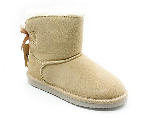 OOG Boots Damen Lederboots Stiefel mit Schleife, Bow, Schneestiefel echtes Leder, warme und Fell gefütterte Winterschuhe, rutschfeste, Flache, bequem und Kurze Stiefel in Beige 39 EU