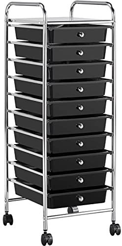 Yaheetech 10 Drawers Plastic Storage Cart, Multipurpose Mobile Organizer Unit with 4 Lockable Wheels, Utility Rolling Trolley for Home Office School Salon & Beauty, Black