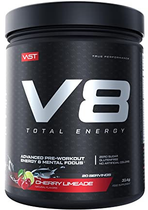 V8 Total Energy – Pre Workout Booster – Trainingsbooster – CarnoSyn®, BetaPower®, natürliches Koffein – Vegan – Zuckerfrei – 20 Portionen – Made in Germany – Cherry Limeade