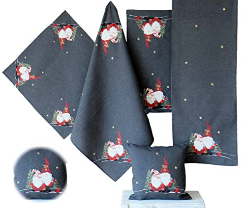 Raebel OHG Tischdecke Tischläufer Mitteldecke Kissenhülle Weihnachten grau anthrazit Bestickt mit Wichtel in rot (85 x 85 cm)