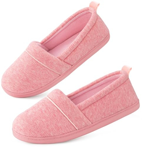 EverFoams Ladies' Memory Foam Comfort Cotton Knit House Shoes Light Weight Terry Cloth Loafer Slippers with Anti-Skid Rubber Sole, Pink, 8 UK