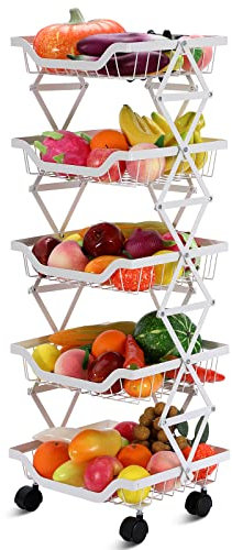 BRIAN & DANY 5 Etagen Gemüsekorb Obstkorb, Einstellbar Gemüseregal mit Abschließbaren Rollen, Obstkorb Gemüsekiste für Küche, Speisekammer, Badezimmer, Garage, Weiß