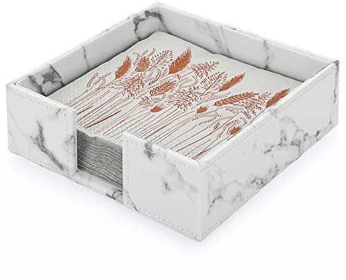 BTSKY Quadratischer Serviettenhalter aus PU-Leder – Cocktail-Servietten-Box, Taschentuchhalter für Esstisch, Küche, Restaurant, Hotel, Empfang und Partys, Marmorweiß