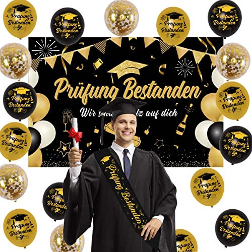 Fangleland Prüfung Bestanden Deko Abschlussfeier Party Dekoration Prüfung Bestanden Ballon Banner Schärpe Konfetti Luftballon für Abi Deko 2025 Graduation Deko Schwarz Abschluss Deko Set