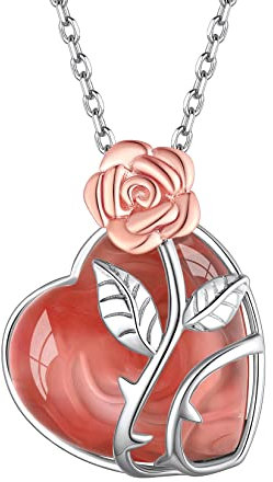 Suplight Collana donna argento 925 con ciondolo cuore pietra di sintesi quarzo ciliegia con fiore rosa collana donna con pietra cuore mese luglio collana argento donna