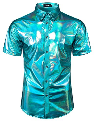 JOGAL Mens Metallic Shiny Nightclub Styles Short Sleeves Button Down Dress Shirts BlueShimmer Large