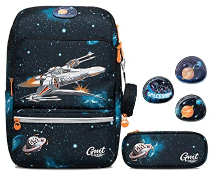 GMT for Kids Schulranzen Set 4-teilig Ergonomische Ultraleichte Schultasche Mädchen Junge Kinder Schulrucksack Raumschiff Grundschule Schultaschen 1-4. Klasse Rucksack 22 L