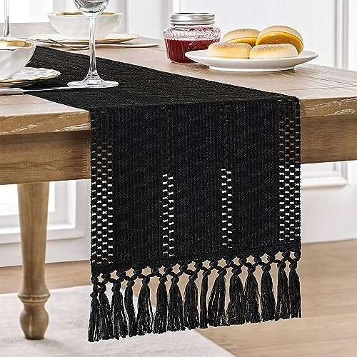 ZeeMart Tischläufer im Makramee-Stil, Boho, schwarz, 91,4 cm lang, Bauernhaus-gewebte Heimdekoration, 30,5 x 91,4 cm, Schwarz