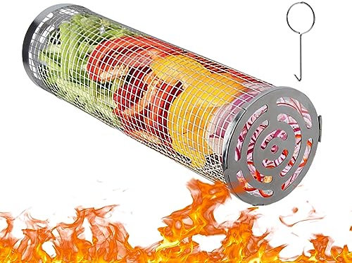 Rolling Grilling Basket for Outdoor Grilling - Dynoar Rolling Round BBQ Grill Basket - Barbecue Stainless Steel Grill Wire Mesh Cylinder for Veggies - BBQ Net Tube for Grilling