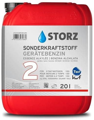 STORZ Sonderkraftstoff/Gerätebenzin 2T – 20 L Fertiggemisch für 2-Takt-Motoren | Vollsynthetisches Markenöl | Saubere, effiziente Verbrennung | Für Motorsäge, Freischneider, Trimmer u.v.m.