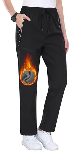 MoFiz Damen Wanderhose Wasserdicht Outdoor Hosen Fleece-Futter Trekkinghose Winter Warm Skihose Trekkinghose mit Reißverschlusstasche Schwarz M