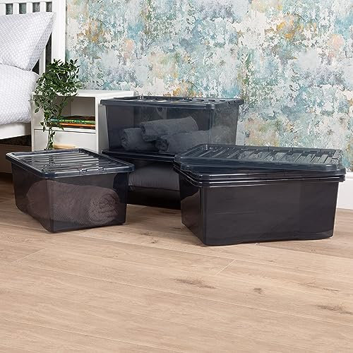 Wham Crystal 5x 45L Plastic Storage Boxes with Lids Tint Smoke (Black). Medium Size, Strong (Pack of 5, 45 Litre). Made in the UK