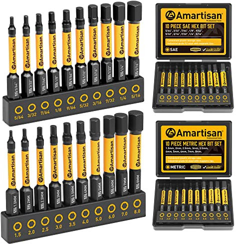 Amartisan 20-Piece Hex Head Allen Wrench Drill Bit Set, Metric and SAE S2 Steel Hex Bits Set, Magnetic Tips, 2.3 Long with Storage Box. (20-Piece Hex Bit Set - New), AM020-Black