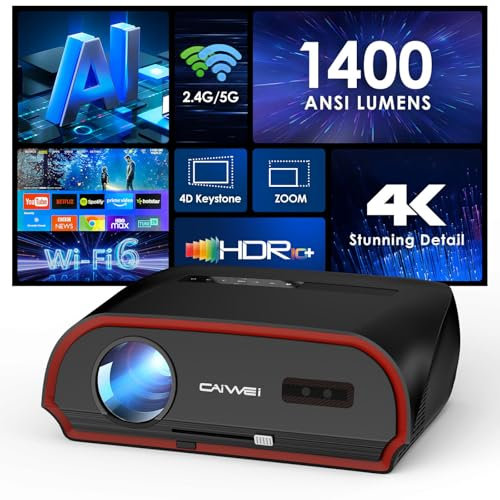 4K Projector 1400 ANSI High Lumen Daylight Smart Android TV Projector with WiFi 6 Bluetooth RJ45 WLAN HDMI USB,Native Full HD 1080P Home Cinema Gaming HDR10+/4D/4P/Auto Keystone Correction Ceiling