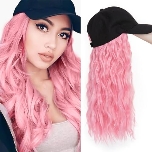 TESS Extensions con Cappellino - 40cm Estensione di Capelli Sintetici Ondulati con Cappello Nero per Donna,Rosa