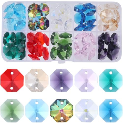 SUNNYCLUE 1 Box 80Pcs 8 Colors Glass Octagon Crystal Beads Colorful Prism Bead Bulk Chandelier Replacement Connector Suncatcher Gemstone Faceted Loose Spacer Bead for DIY Lamp Hanging Pendant jeweller