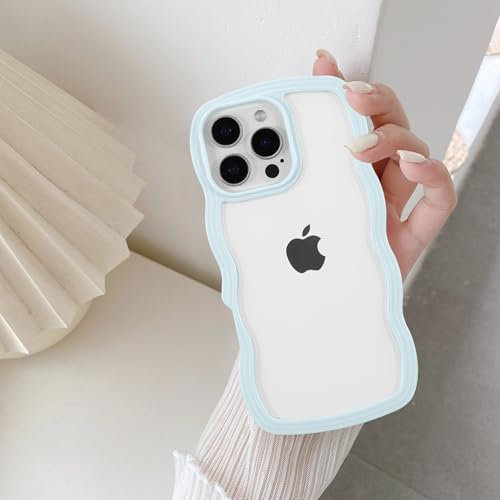 QLTYPRI Compatible with iPhone 16 Pro Case, Cute Curly Wave Frame Clear Case for Girls Women, Transparent Soft Silicone TPU Bumper Shockproof Protective Phone Cover for iPhone 16 Pro - Light Blue