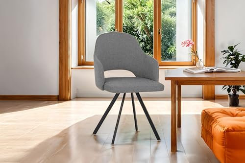 SAM Esszimmerstuhl Jessi | Stoffbezug | Farbe: Dunkelgrau | 4-Fuß-Gestell Metall schwarz | mit Armlehnen | Gepolsterte Sitz- & Rückenfläche | Armlehnstuhl für Esszimmer & Küche