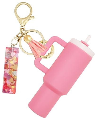 Rykitop Mini Tumbler Keychain,Cute Cup Keychain with Initial letter For Stanley Cup Backpack Chapstick Holder Women Girl, I-pink, Large