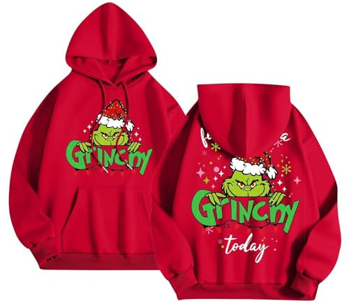 Generisch Weihnachtspullover Damen The Pullover Weihnachtspullover Damen Lustig üBergroßE Langarm Kapuzenpullover Mit Taschen Mode Weihnachten Grafik Backprint Sweatshirts Grinch Pullover GrüN